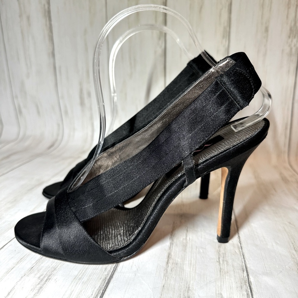 Nina Black Satin Open Toe High Heels   Size 9